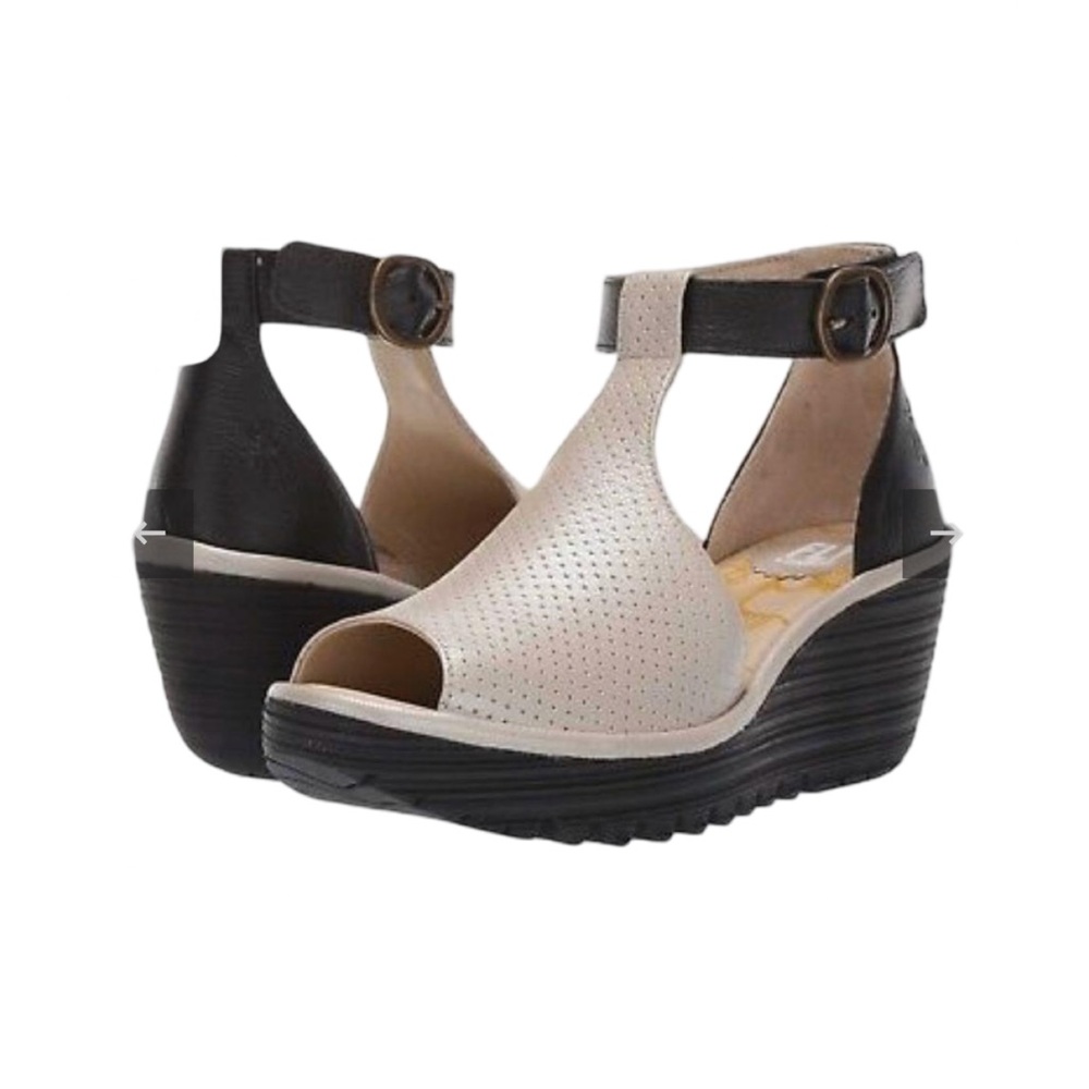 Fly London Size 39 Yall Silver Black Leather Ankle Strap Wedge Sandals